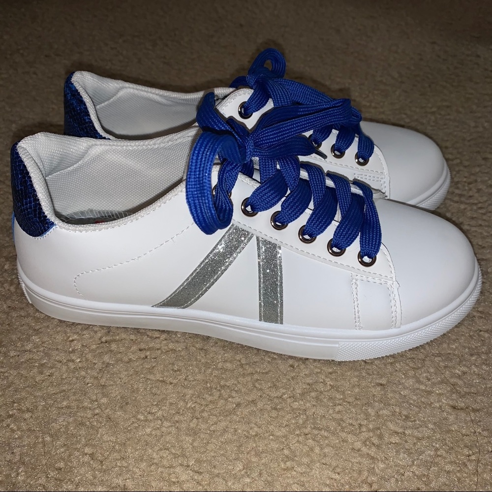 Blue and white shoes